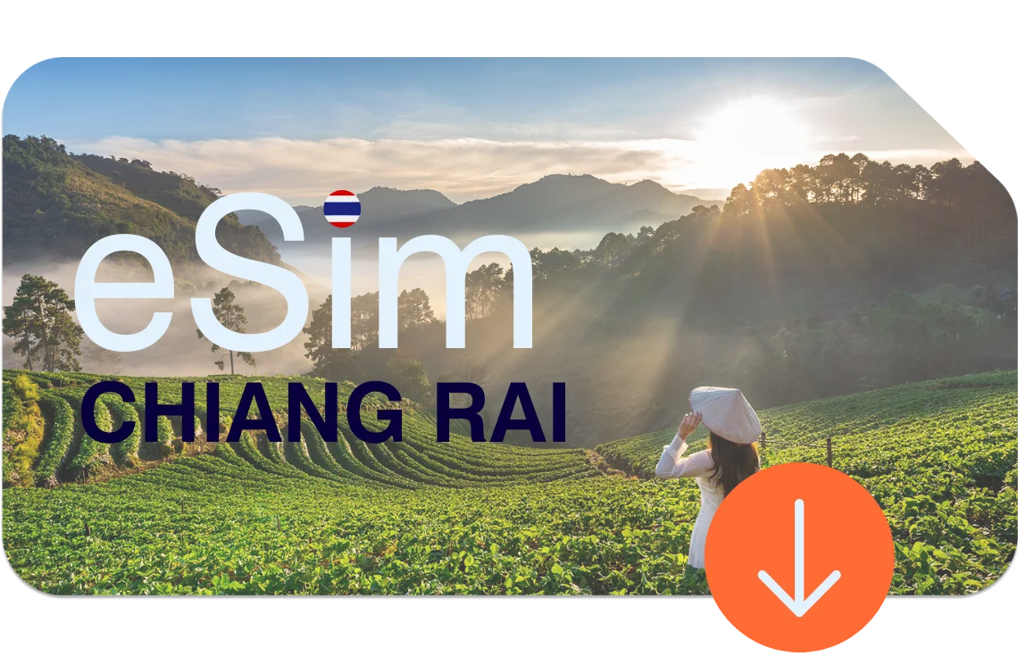 Reisfeld vor Tempelkulisse in Chiang Rai – mit eSIM Thailand jederzeit online ohne physische SIM-Karte.