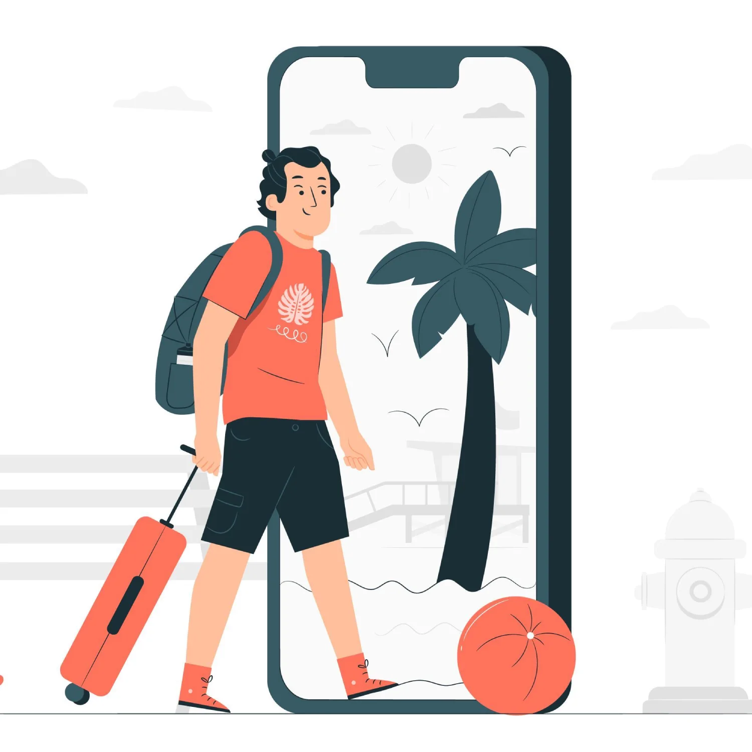 Deutscher Tourist geht mit Smartphone und Koffer in der Hand nach Thailand und ist über eSIM Thailand in sozialen Medien verbunden