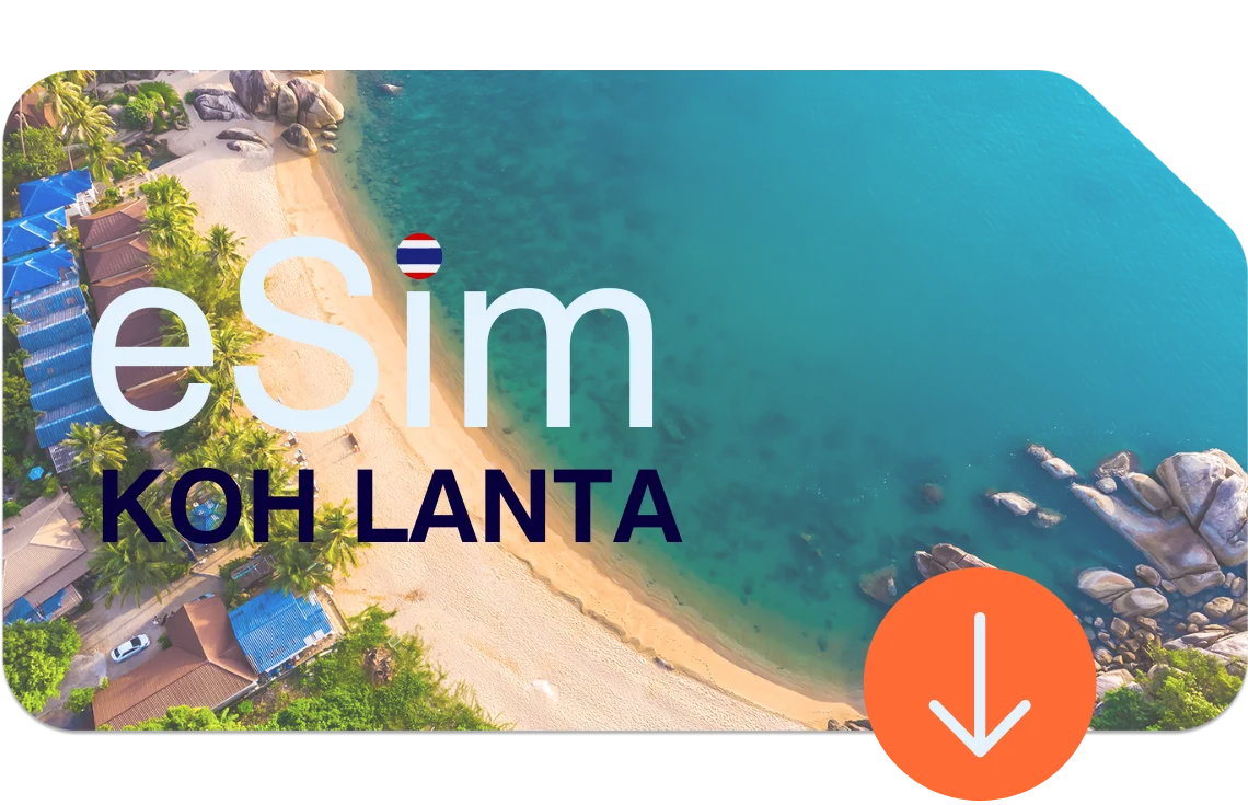 Luftaufnahme vom Strand auf Koh Lanta mit tiefblauem Meer – mit eSIM Thailand sofort verbunden und flexibel surfen.