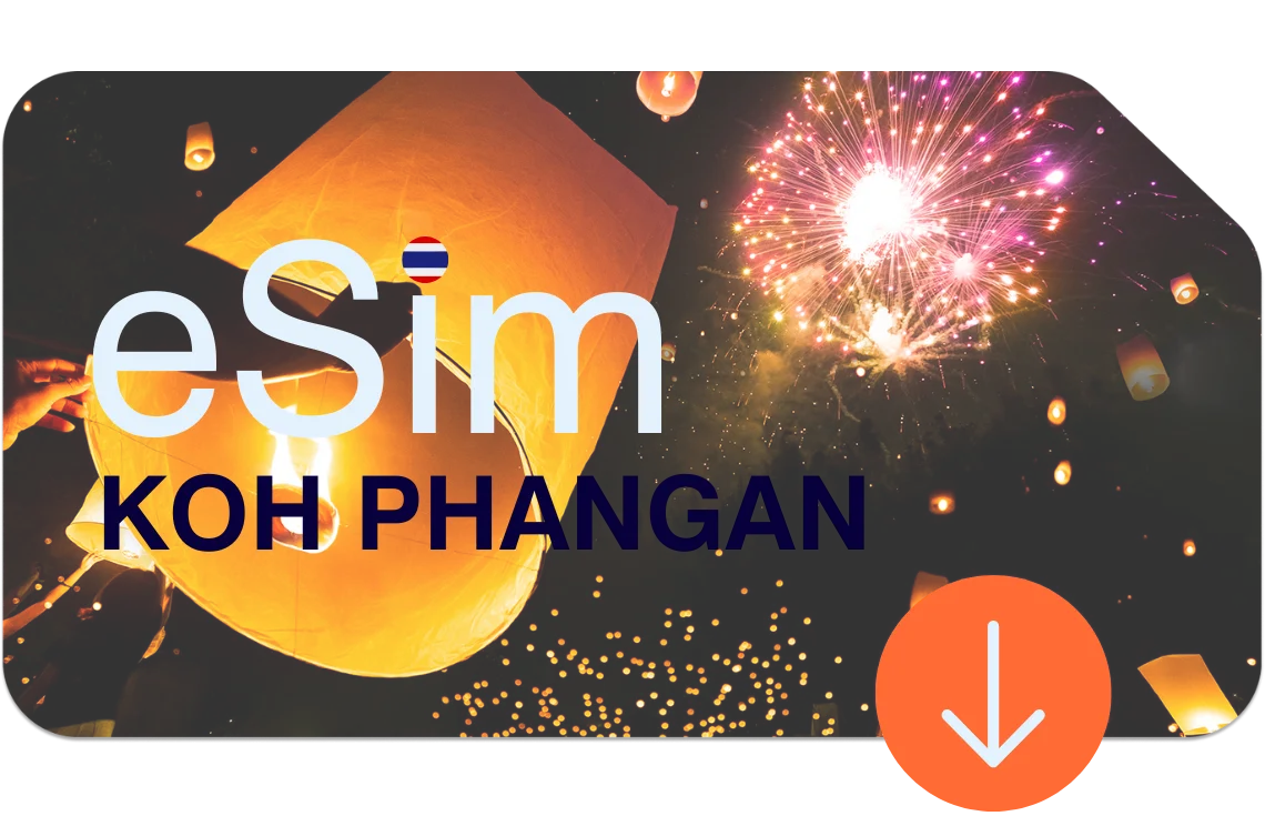 Feuerwerk und schwebende Laternen am Nachthimmel über Koh Phangan – mit eSIM Thailand auch nachts jederzeit online verbunden.
