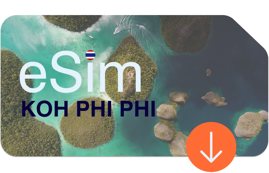Luftaufnahme von Koh Phi Phi mit türkisfarbenem Wasser und üppiger Natur – mit eSIM Thailand direkt online ohne lokale SIM.