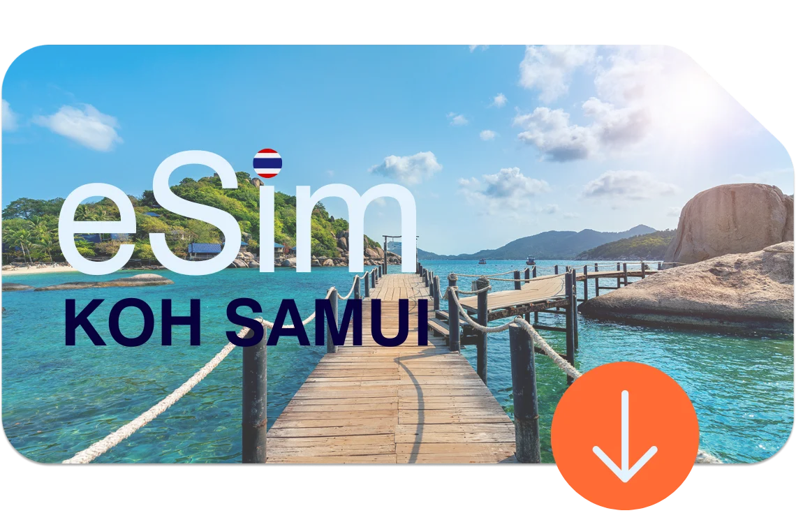 Blick über einen Steg ins klare Meer von Koh Samui bei Sonne – mit eSIM Thailand sorgenfrei online ohne SIM-Karte.