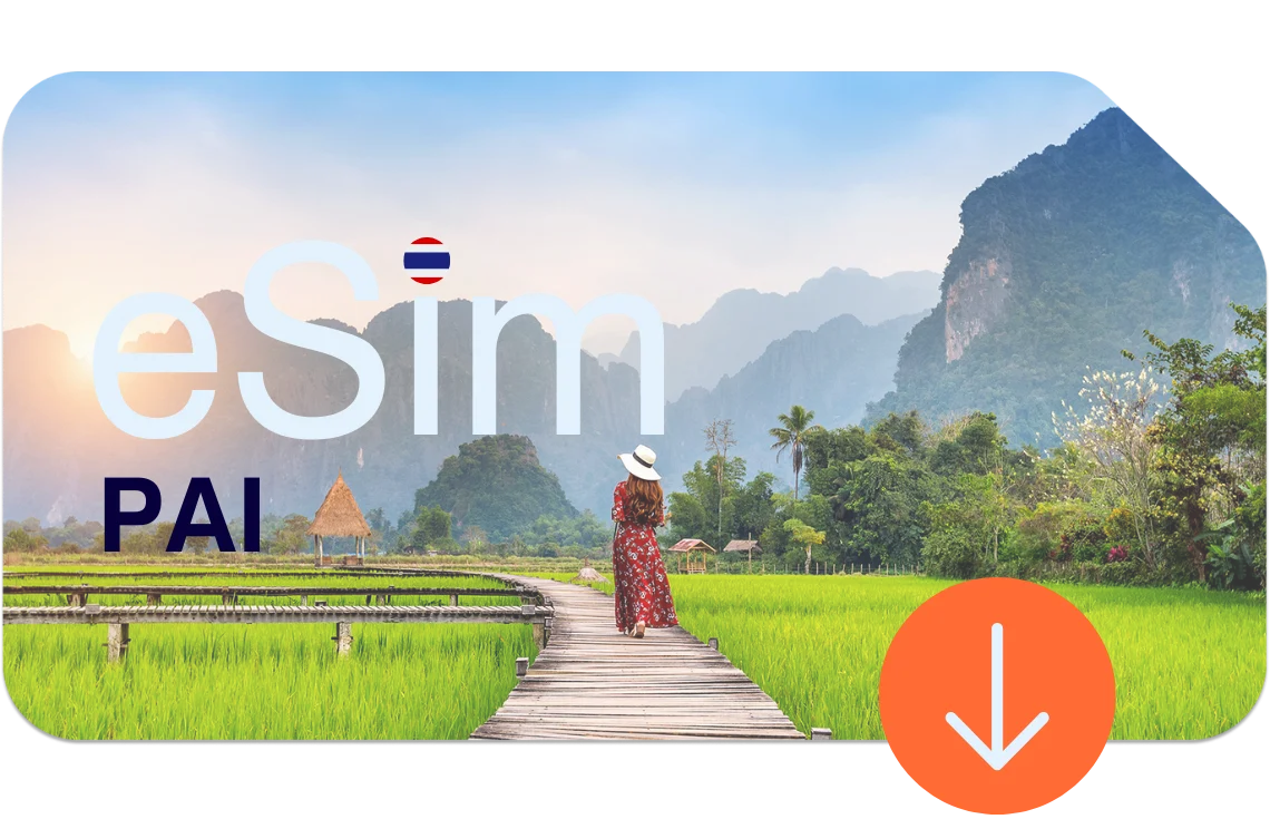 Tourist auf Holzsteg zwischen nebligen Reisfeldern in Pai am Morgen – mit eSIM Thailand ruhig und verbunden reisen.