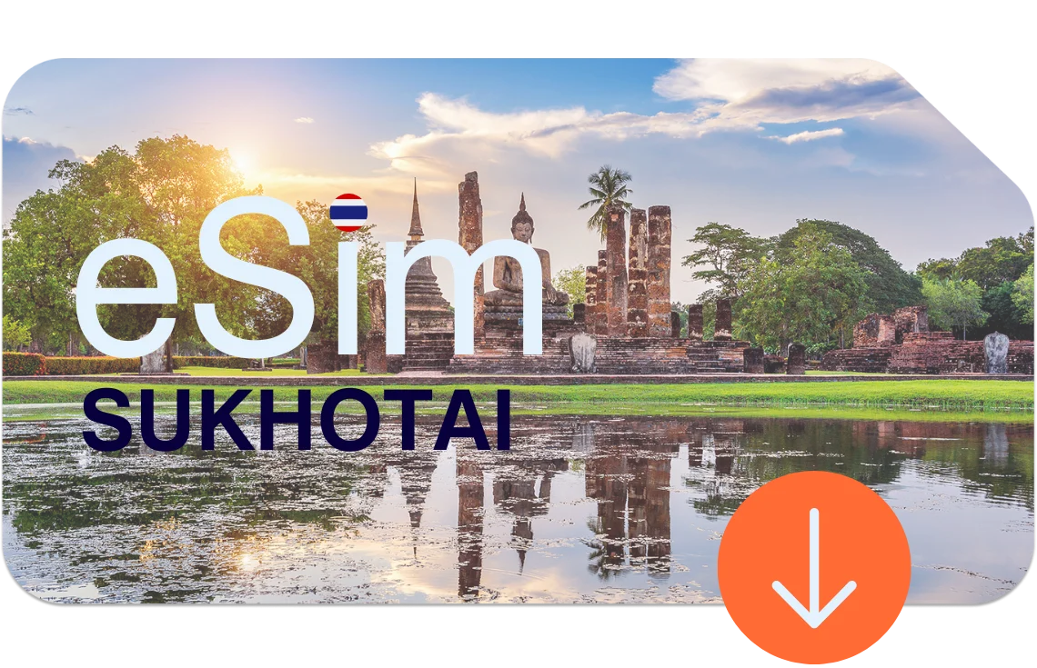 Tempelruinen in Sukhothai bei Sonnenlicht – mit eSIM Thailand jederzeit verbunden ohne Vertrag und SIM-Karte.