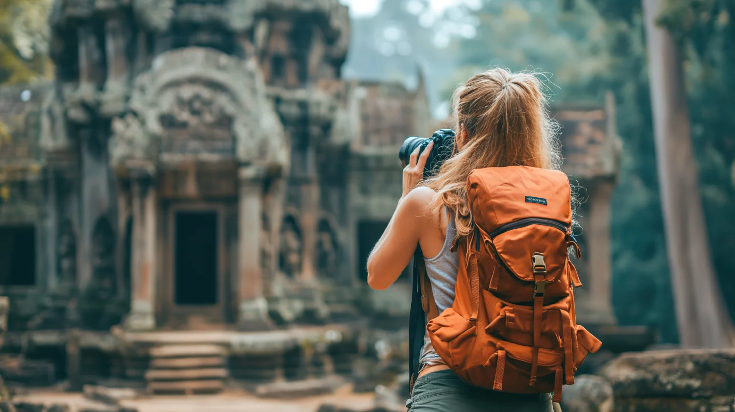 Österreichische Influencerin erstellt Reise-Content an Tempelruinen in Sukhothai, Thailand – mit Kamera vor historischer Kulisse.